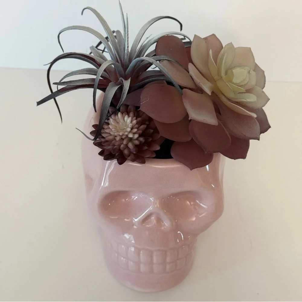 Pink Skull Planter with Faux Succulents